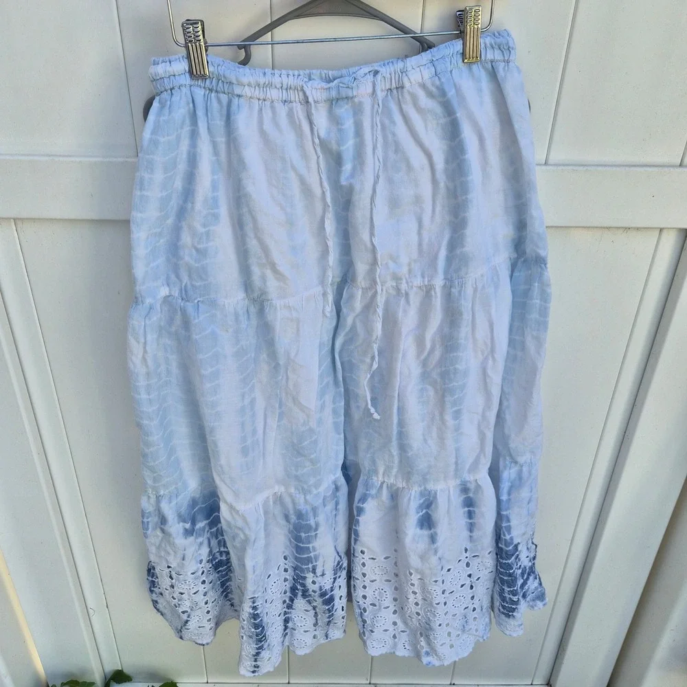 Blue White Tie Dye Tiered Eyelet Hem Midi Skirt Elastic Waist Boho Summer